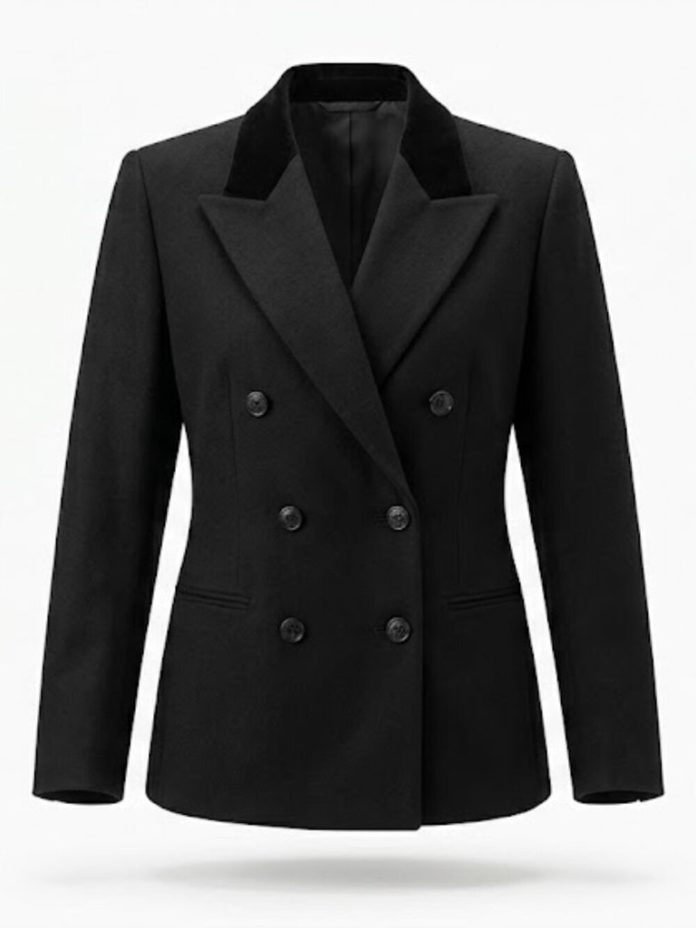 Vintage Wool Black Double-Breasted Blazer with Velvet Collar
